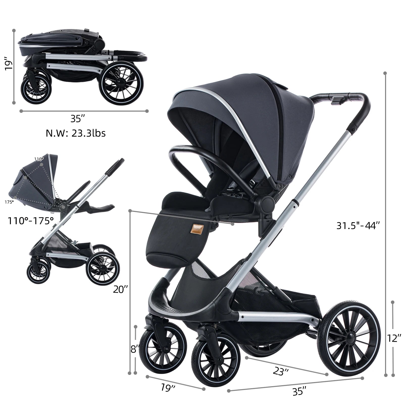 Reversible Stroller,Compact Stroller with Big Wheels,Adjust to Seat & Lying,Foldable Portable Baby Carriage for Newborn Toddler