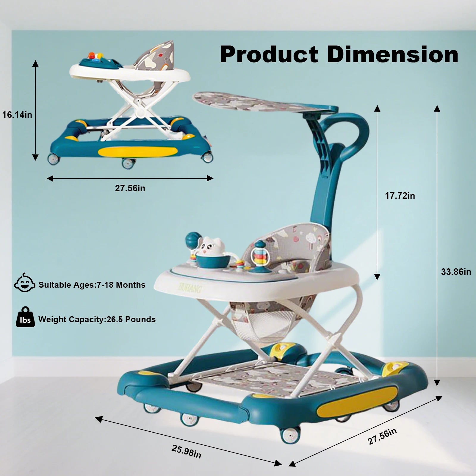 Baby Multi-Functional Comfortable Walker With Awning Anti-Rollover Baby Walker Can Sit Adjust And Shake The Walker For Boy Girls