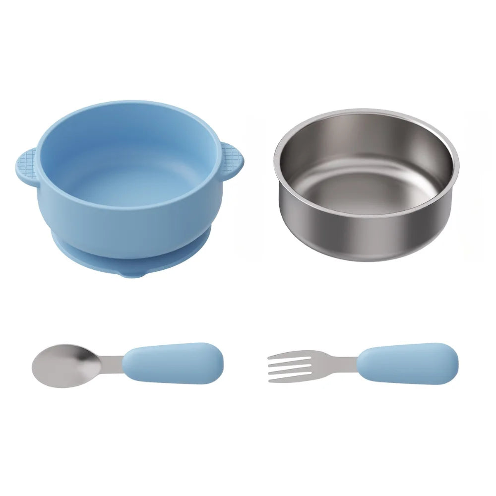 4 PCS Stainless Steel Silicone Bowl and Spoon Fork Set with Suction First Stage Self Feeding Essentials Food Bowl for 6+ Month