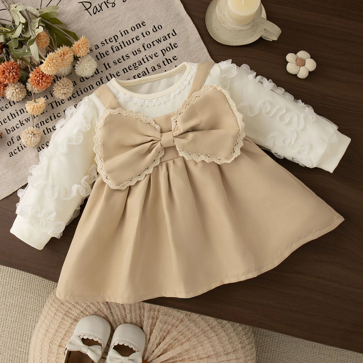 6-24 Months Spring And Autumn New Sweet Bow Baby Girl Dress, Korean Style Bubble Long Sleeved Children'S Clothing For Parties