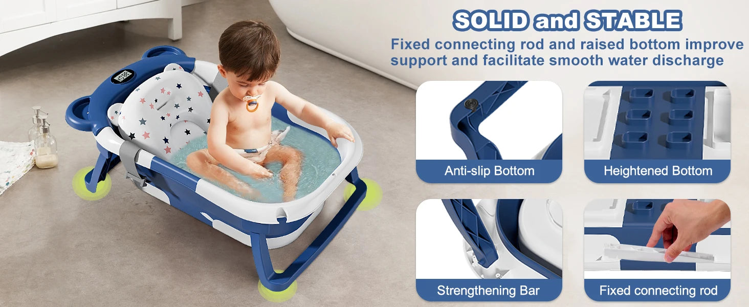 Portable Travel Bathtub, Collapsible Baby Bathtub, with Thermometer &1Soft Floating Cushion, with Drain Hole,For Baby 0-36 Month