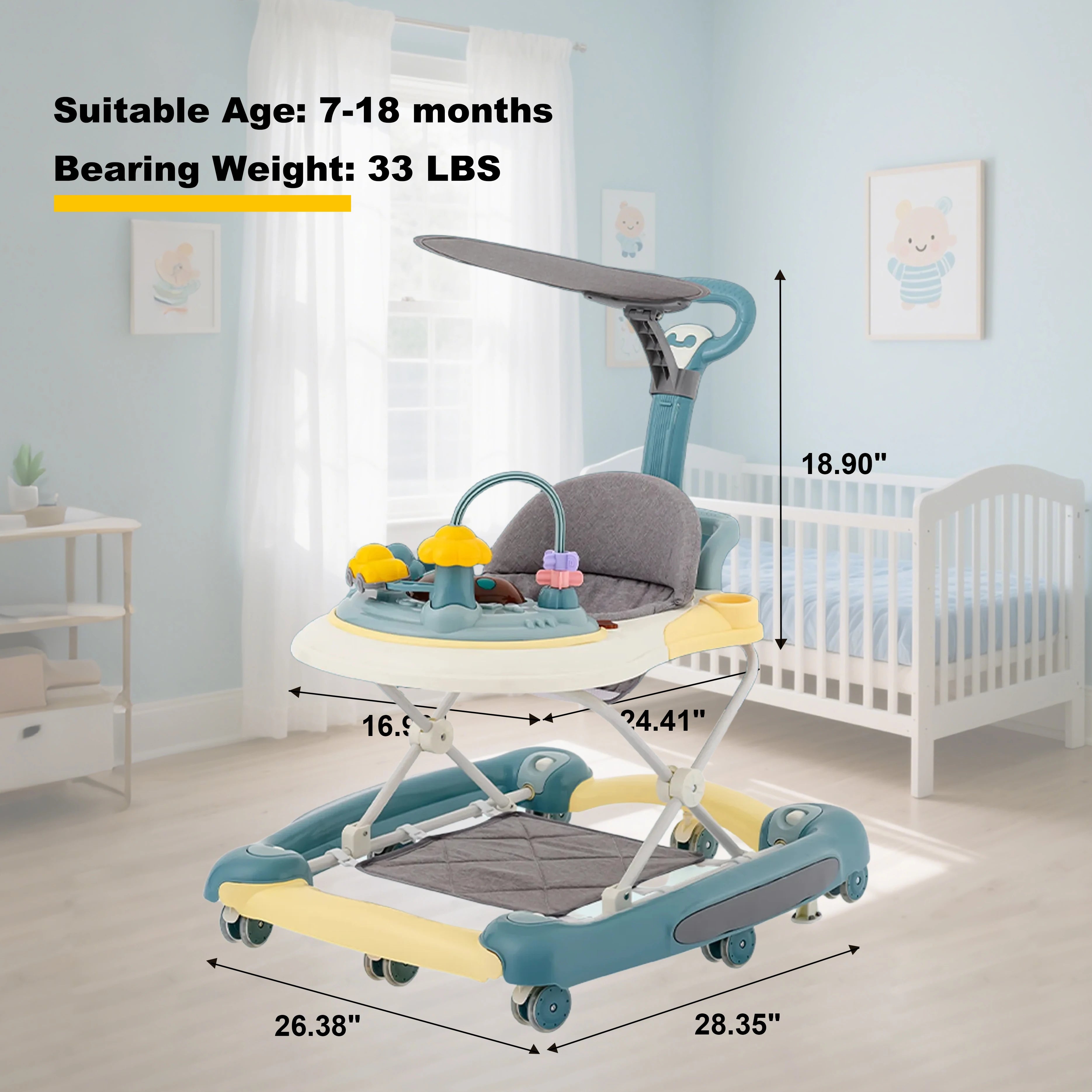 Baby Multi-Functional Comfortable Walker With Awning Anti-Rollover Baby Walker Can Sit Adjust And Shake The Walker For Boy Girls