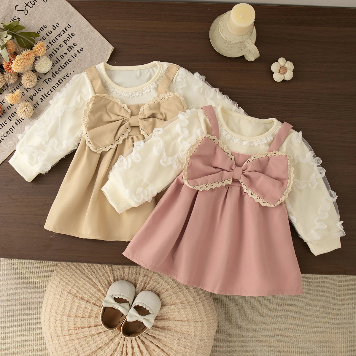 6-24 Months Spring And Autumn New Sweet Bow Baby Girl Dress, Korean Style Bubble Long Sleeved Children'S Clothing For Parties