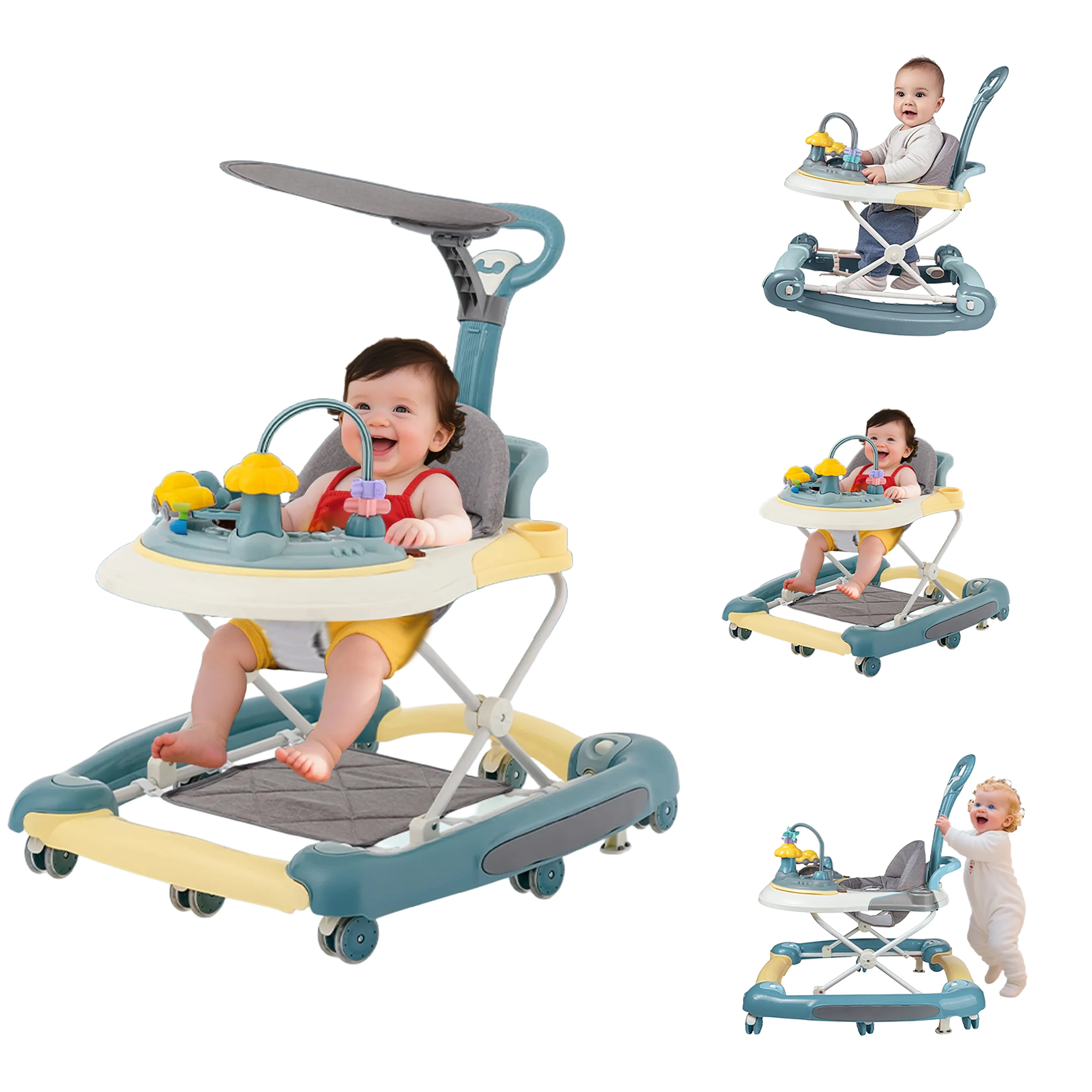 Baby Multi-Functional Comfortable Walker With Awning Anti-Rollover Baby Walker Can Sit Adjust And Shake The Walker For Boy Girls