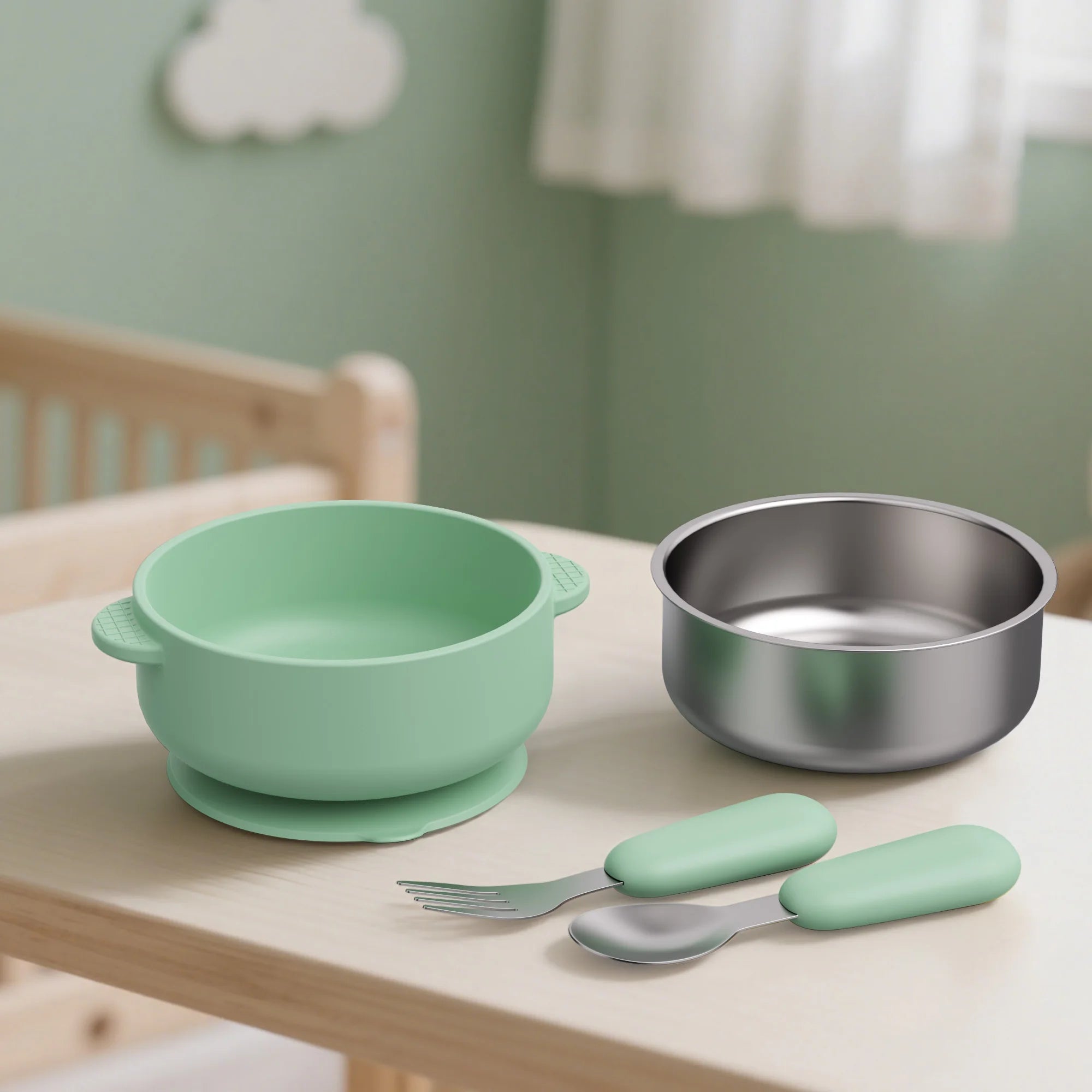 4 PCS Stainless Steel Silicone Bowl and Spoon Fork Set with Suction First Stage Self Feeding Essentials Food Bowl for 6+ Month