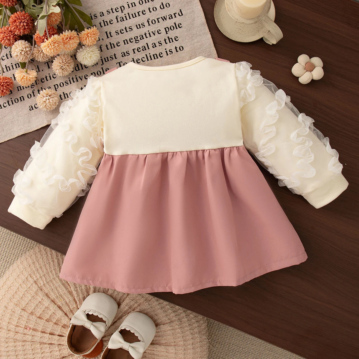 6-24 Months Spring And Autumn New Sweet Bow Baby Girl Dress, Korean Style Bubble Long Sleeved Children'S Clothing For Parties