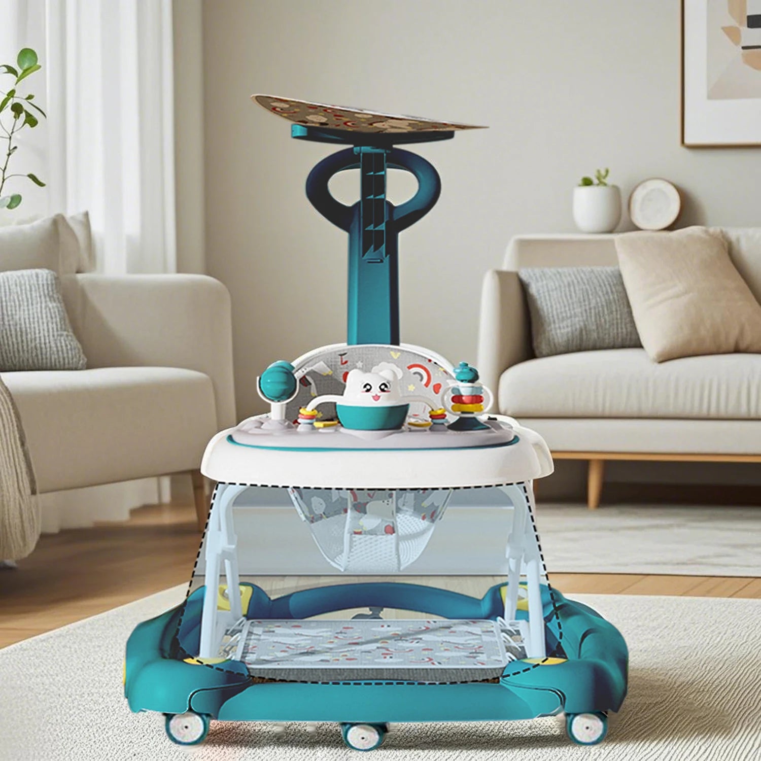 Baby Multi-Functional Comfortable Walker With Awning Anti-Rollover Baby Walker Can Sit Adjust And Shake The Walker For Boy Girls