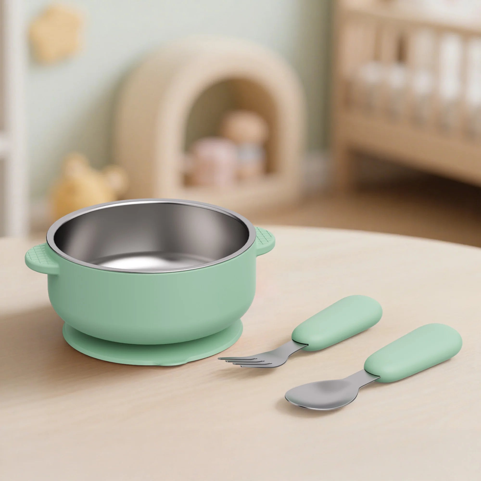 4 PCS Stainless Steel Silicone Bowl and Spoon Fork Set with Suction First Stage Self Feeding Essentials Food Bowl for 6+ Month