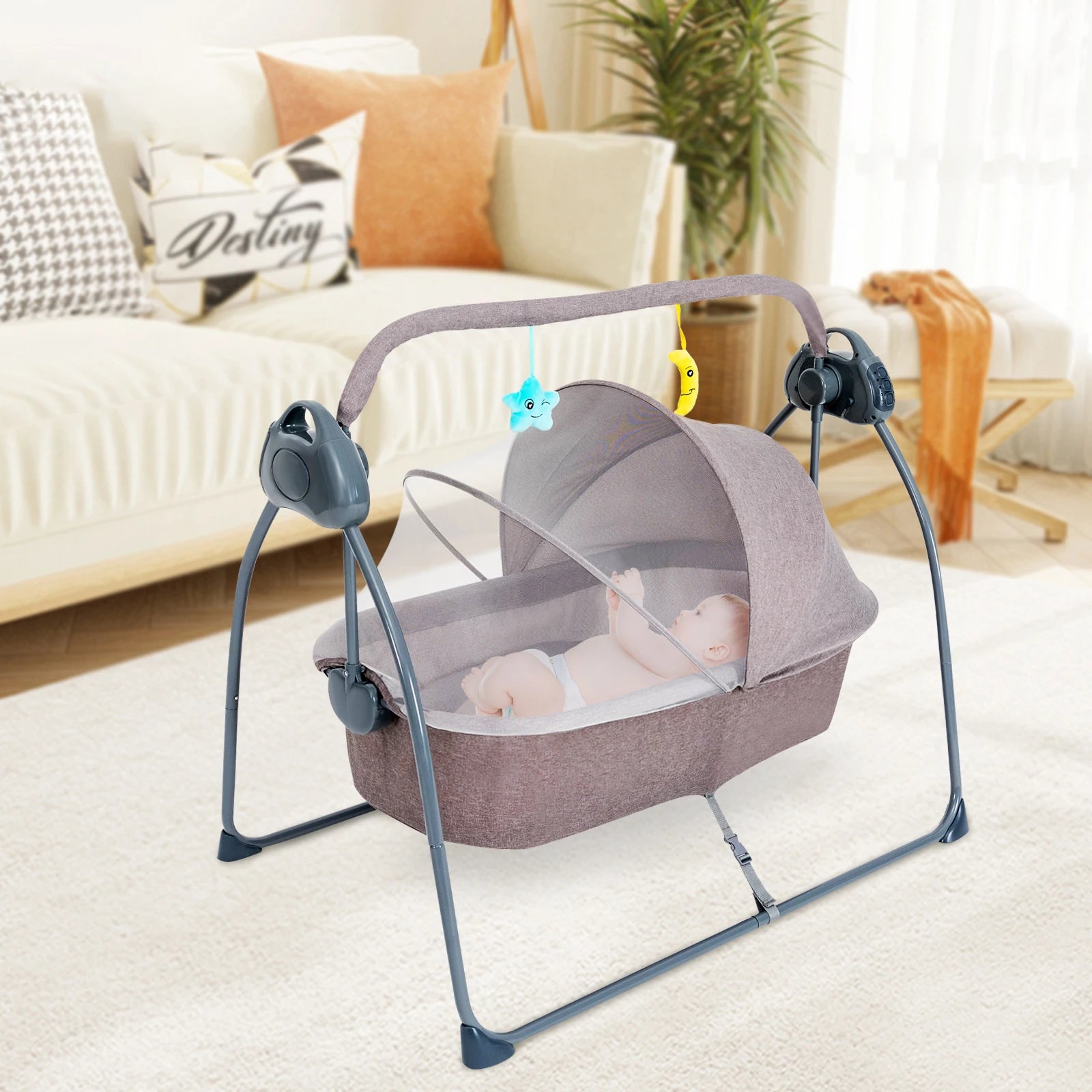 Auto Rocking Baby Cradle Swing Bed 5 Speed Electric Sleeping Basket Foldable with Music&mosquito Net Bedside Bassinet for Baby