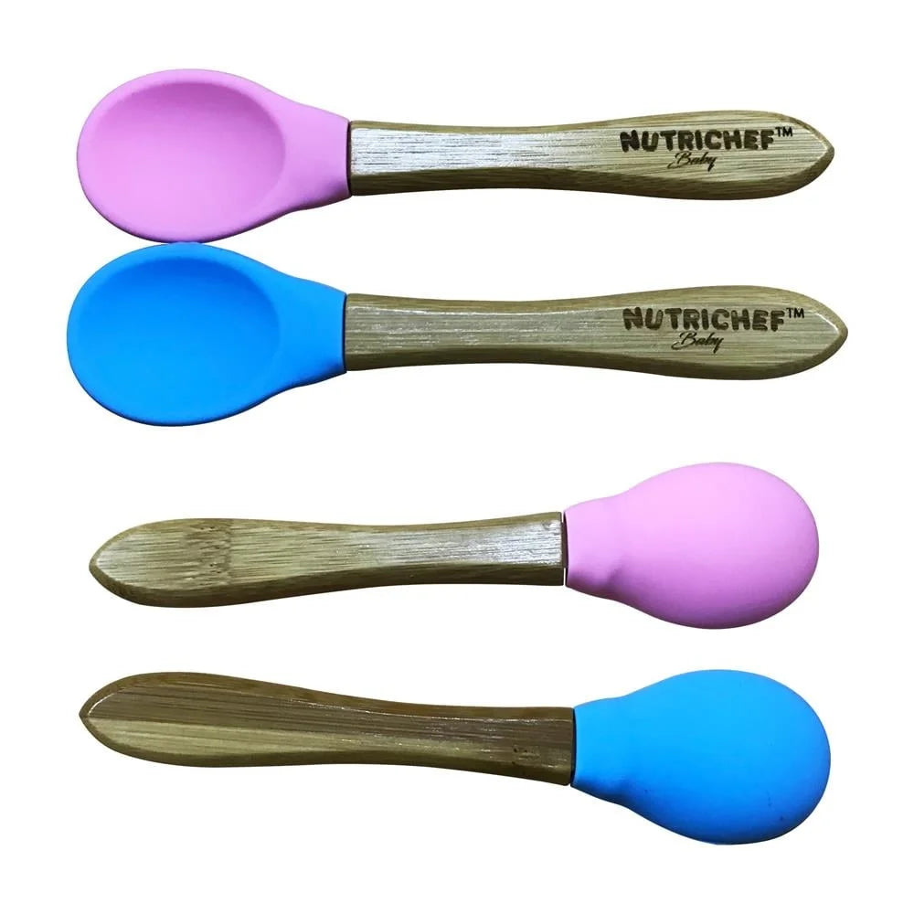 2 Piece Baby Toddler Spoon Set Wooden Bamboo Utensils with Soft Food Grade Silicone Tip Self Feeding Eco Friendly BPA Free
