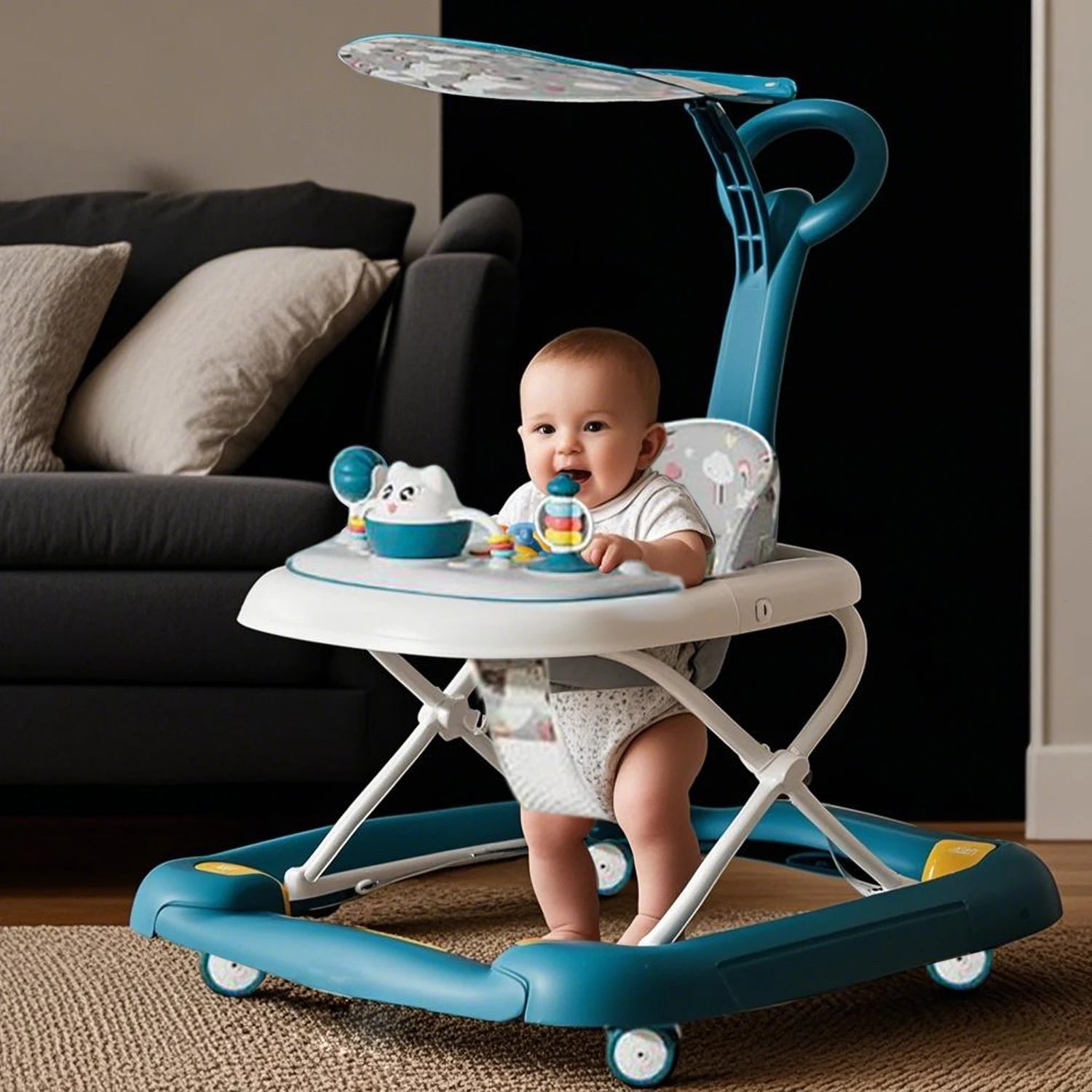 Baby Multi-Functional Comfortable Walker With Awning Anti-Rollover Baby Walker Can Sit Adjust And Shake The Walker For Boy Girls