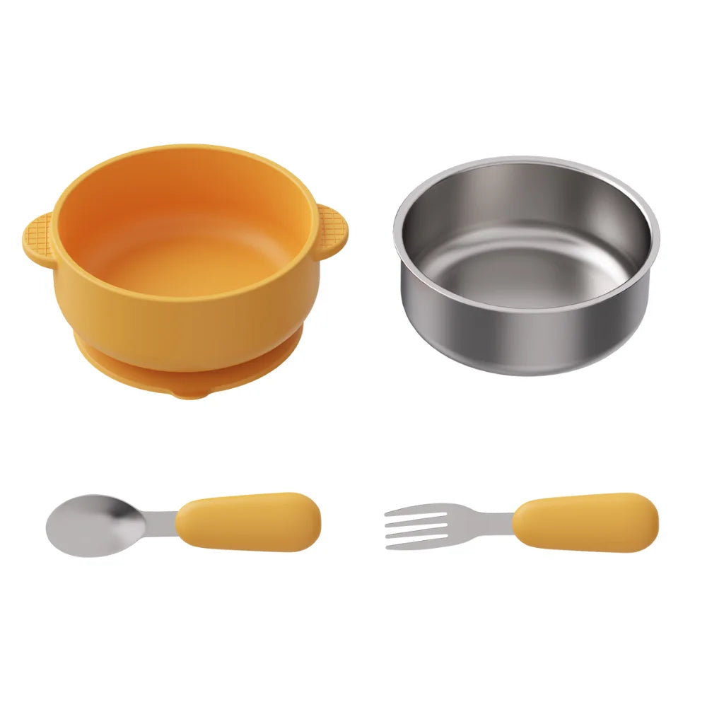 4 PCS Stainless Steel Silicone Bowl and Spoon Fork Set with Suction First Stage Self Feeding Essentials Food Bowl for 6+ Month