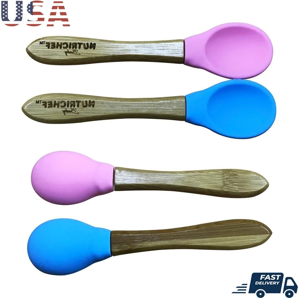 2 Piece Baby Toddler Spoon Set Wooden Bamboo Utensils with Soft Food Grade Silicone Tip Self Feeding Eco Friendly BPA Free