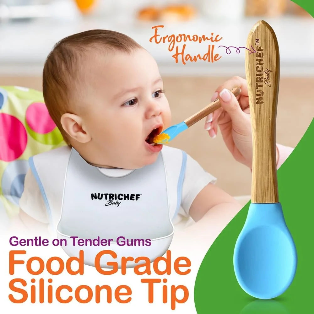 2 Piece Baby Toddler Spoon Set Wooden Bamboo Utensils with Soft Food Grade Silicone Tip Self Feeding Eco Friendly BPA Free