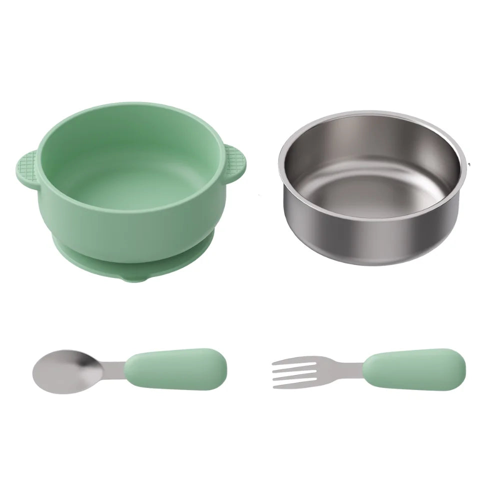 4 PCS Stainless Steel Silicone Bowl and Spoon Fork Set with Suction First Stage Self Feeding Essentials Food Bowl for 6+ Month