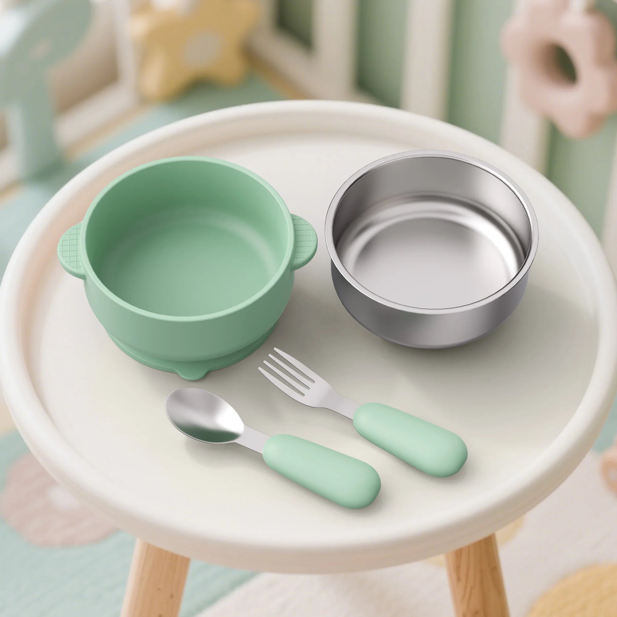 4 PCS Stainless Steel Silicone Bowl and Spoon Fork Set with Suction First Stage Self Feeding Essentials Food Bowl for 6+ Month