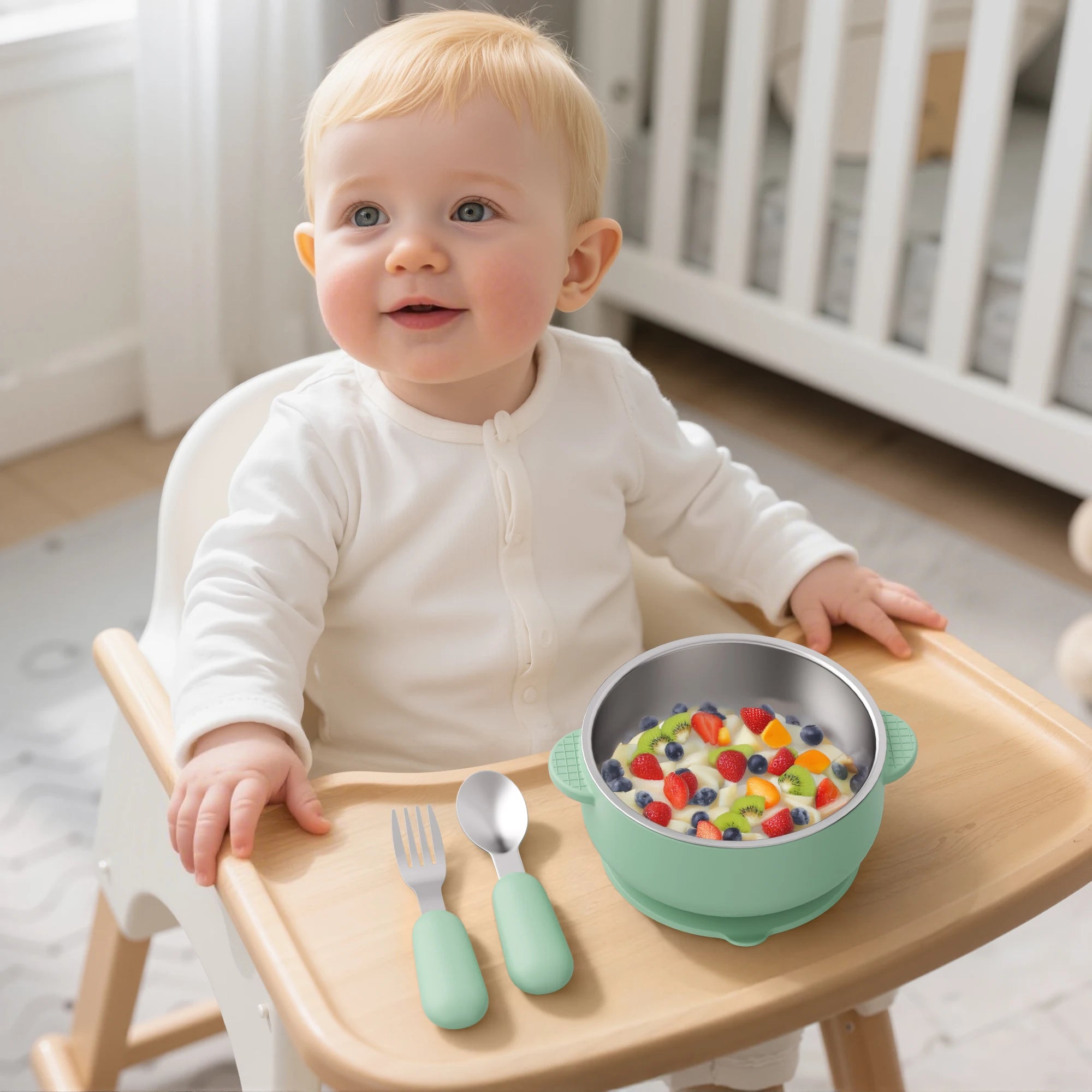 4 PCS Stainless Steel Silicone Bowl and Spoon Fork Set with Suction First Stage Self Feeding Essentials Food Bowl for 6+ Month