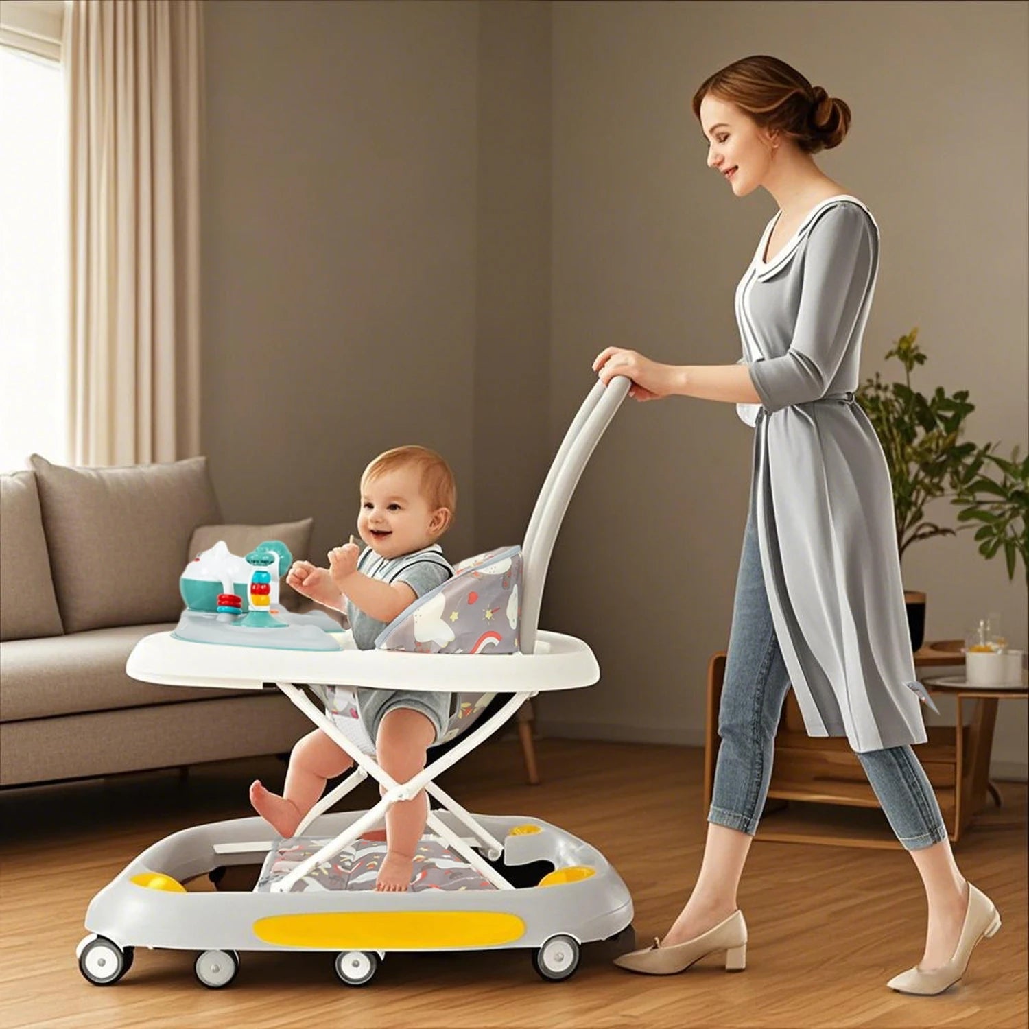 Baby Multi-Functional Comfortable Walker With Awning Anti-Rollover Baby Walker Can Sit Adjust And Shake The Walker For Boy Girls