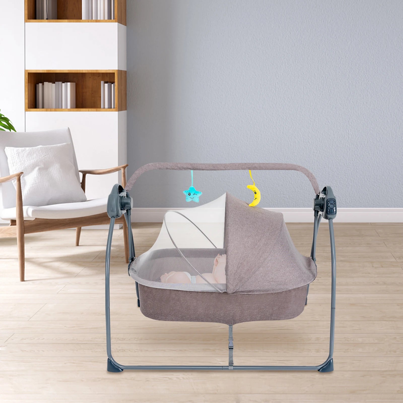 Auto Rocking Baby Cradle Swing Bed 5 Speed Electric Sleeping Basket Foldable with Music&mosquito Net Bedside Bassinet for Baby