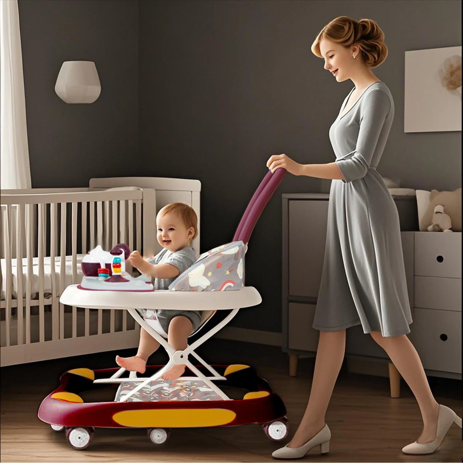 Baby Multi-Functional Comfortable Walker With Awning Anti-Rollover Baby Walker Can Sit Adjust And Shake The Walker For Boy Girls