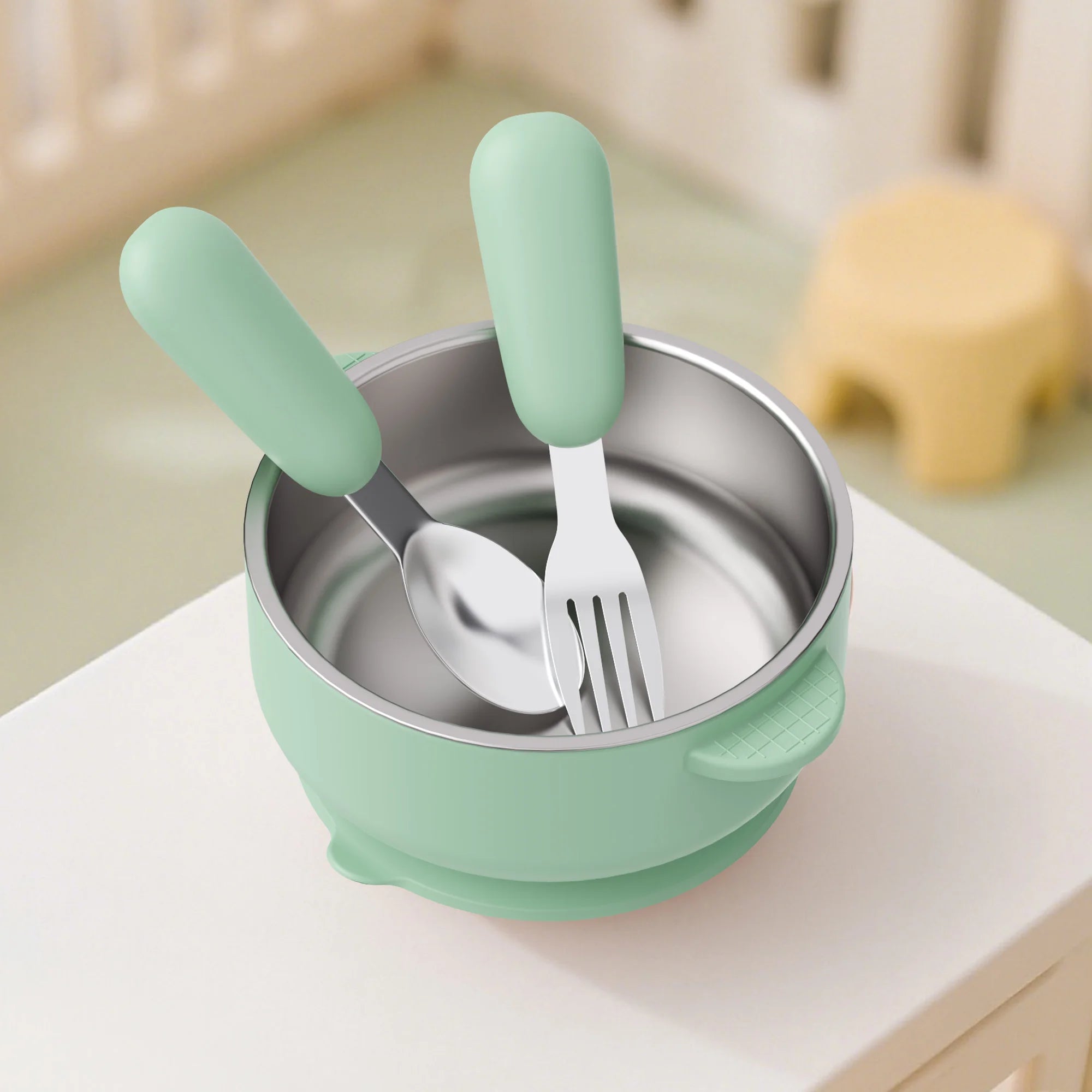 4 PCS Stainless Steel Silicone Bowl and Spoon Fork Set with Suction First Stage Self Feeding Essentials Food Bowl for 6+ Month