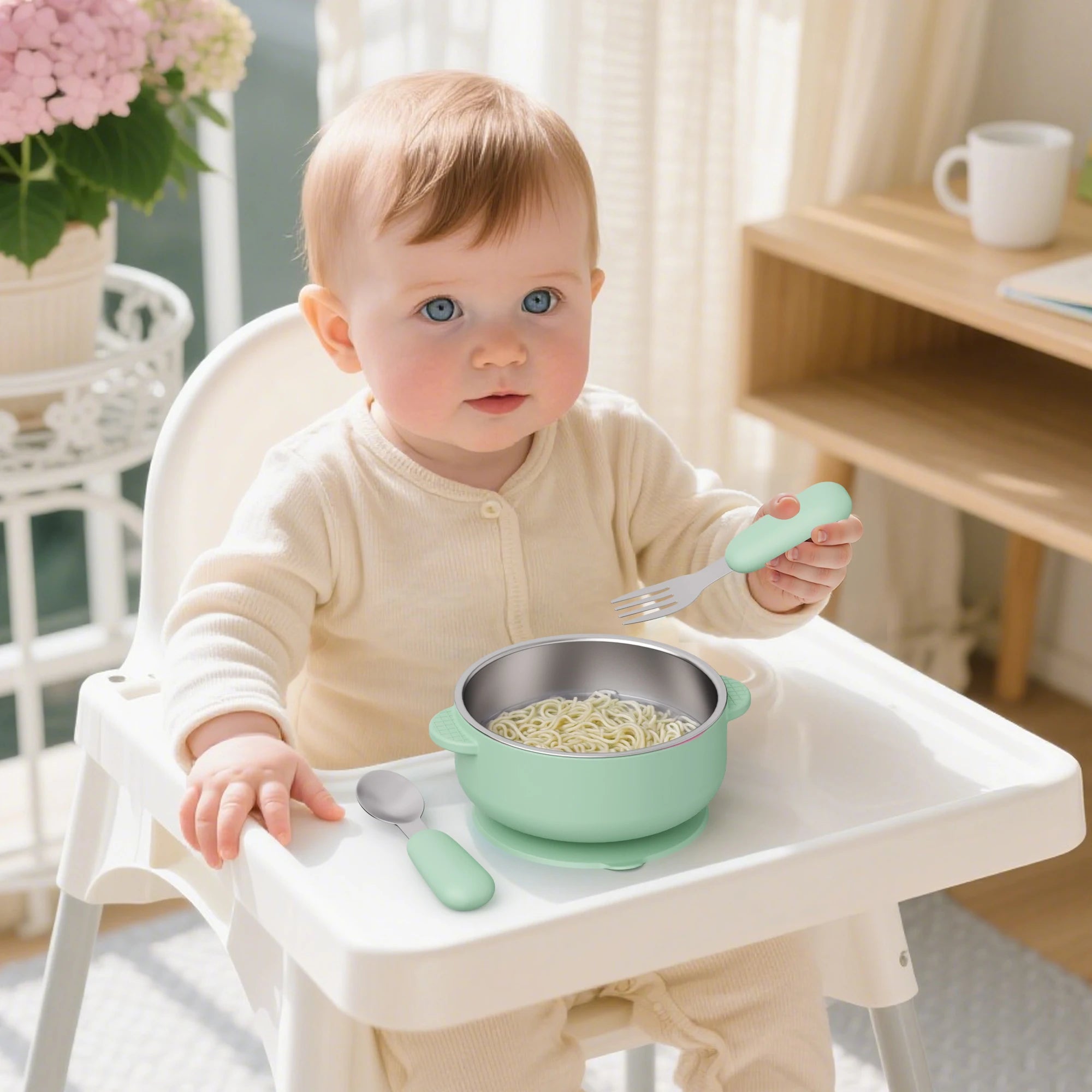4 PCS Stainless Steel Silicone Bowl and Spoon Fork Set with Suction First Stage Self Feeding Essentials Food Bowl for 6+ Month