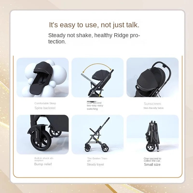 Lightweight stroller Two-way Push Trolley Stroller High Landscape Spine Protection Newborn Baby Four Wheel Stroller