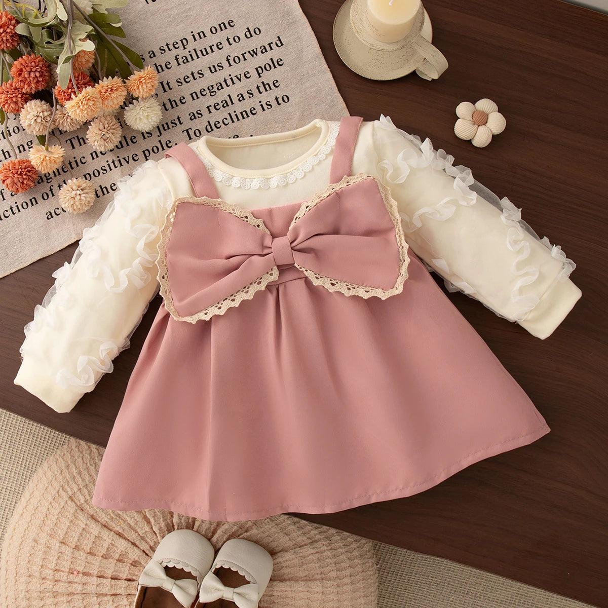 6-24 Months Spring And Autumn New Sweet Bow Baby Girl Dress, Korean Style Bubble Long Sleeved Children'S Clothing For Parties
