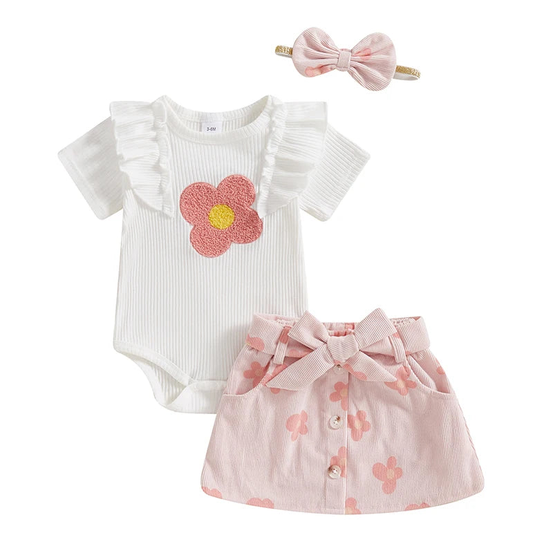 Adorable Baby Girl Floral Print Romper with Matching Skirt and Headband Set for Summer Outings and Photoshoots