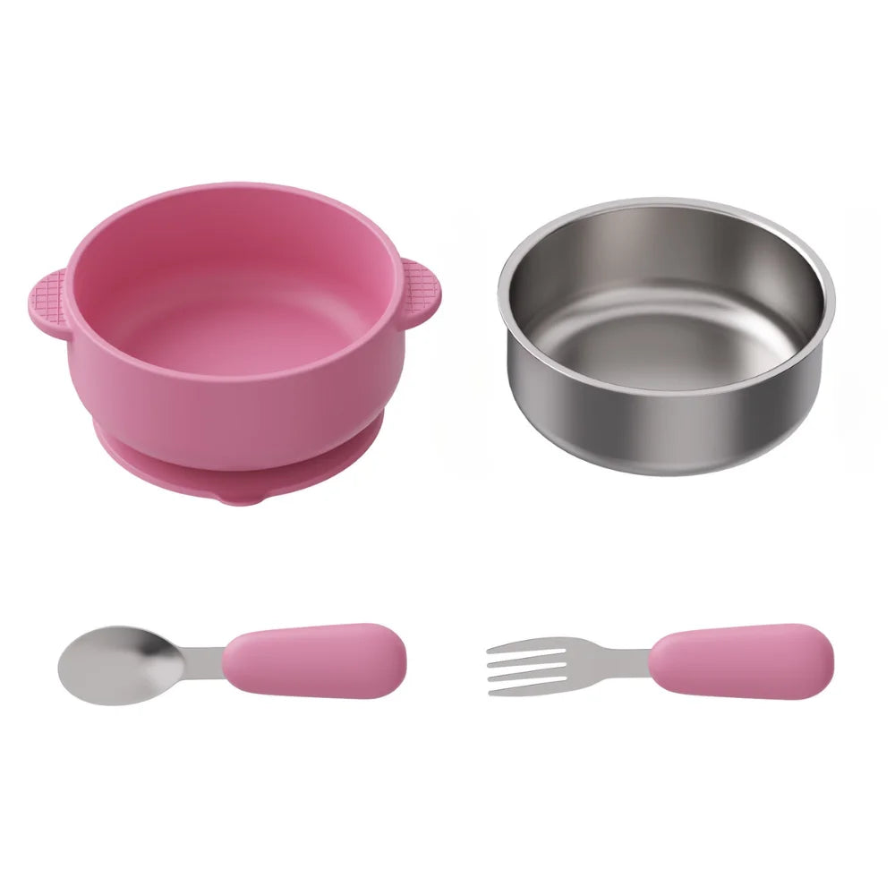 4 PCS Stainless Steel Silicone Bowl and Spoon Fork Set with Suction First Stage Self Feeding Essentials Food Bowl for 6+ Month