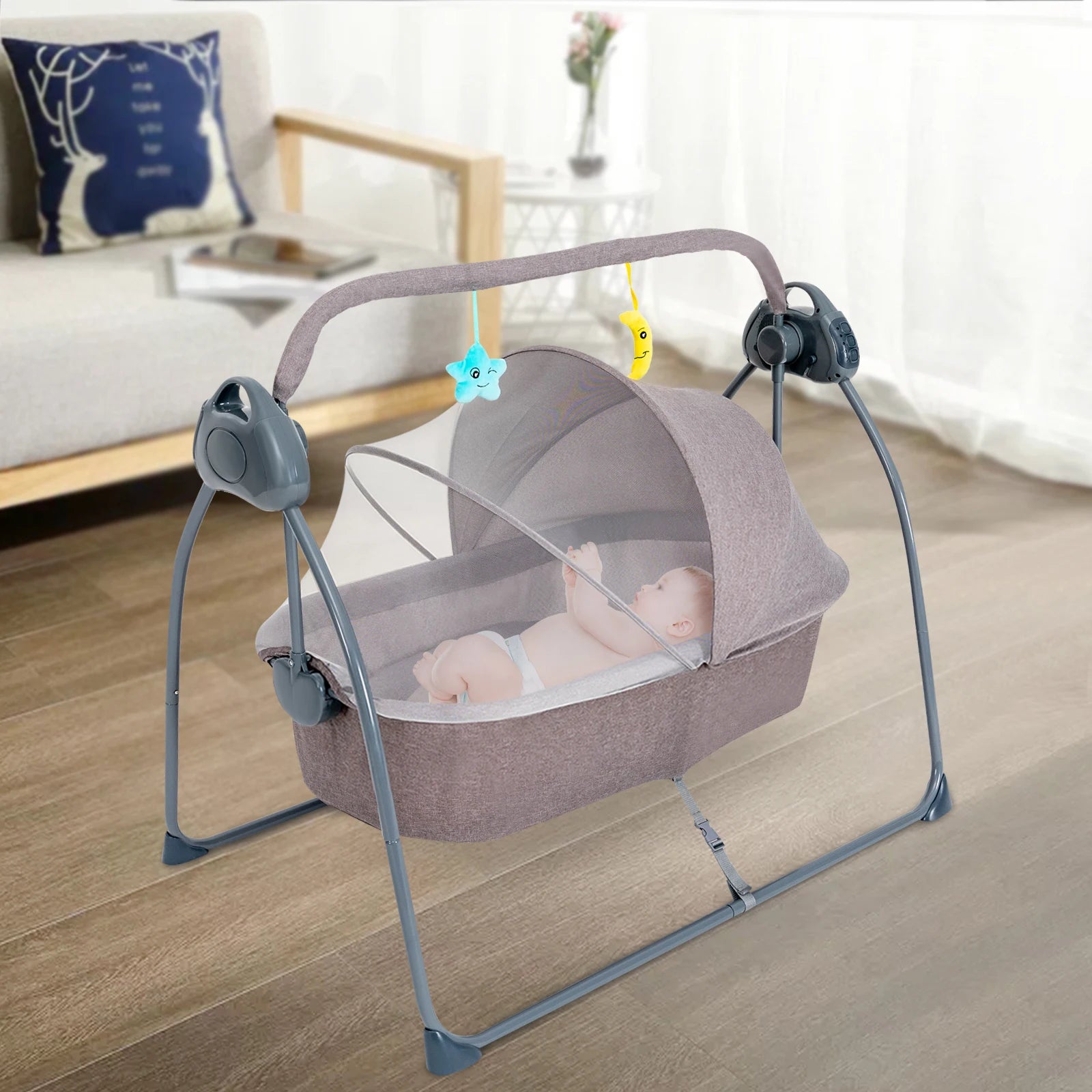 Auto Rocking Baby Cradle Swing Bed 5 Speed Electric Sleeping Basket Foldable with Music&mosquito Net Bedside Bassinet for Baby