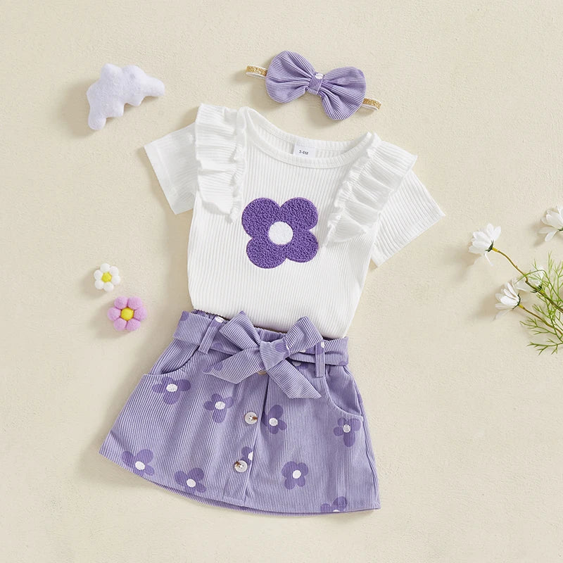 Adorable Baby Girl Floral Print Romper with Matching Skirt and Headband Set for Summer Outings and Photoshoots