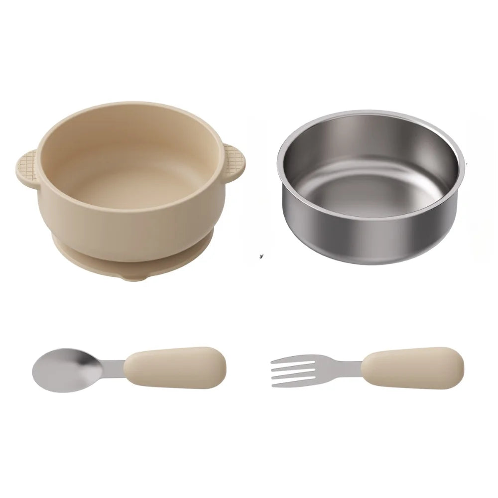 4 PCS Stainless Steel Silicone Bowl and Spoon Fork Set with Suction First Stage Self Feeding Essentials Food Bowl for 6+ Month
